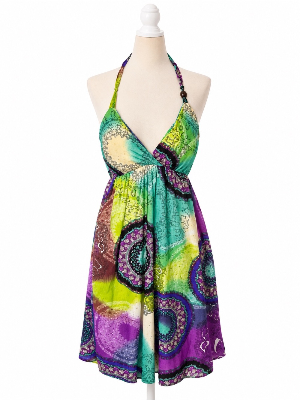 Cristinalove Y2K Halter Dress Womens Medium Paisley Mandala Beaded Boho Fairy